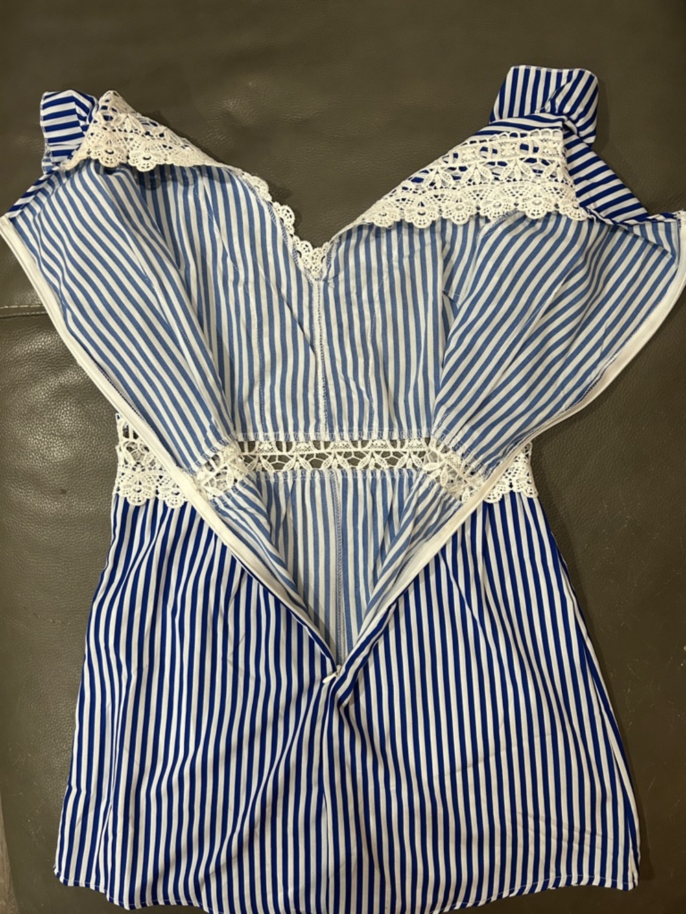 SHEIN Blue & White Striped Lace-Trim Romper sz M - Picture 5 of 5